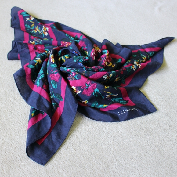 Vintage | Silk Floral Print Square Scarf Blue Teal Magenta - Picture 3 of 4